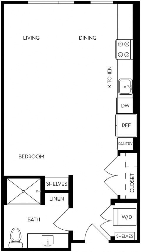 Floor plan for studio, 1 bath, 602 sqft